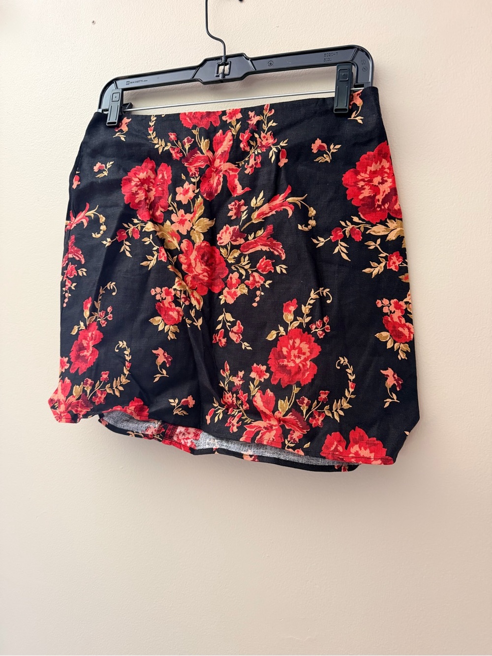 Reformation Black Mini Skirt with Red Floral Print